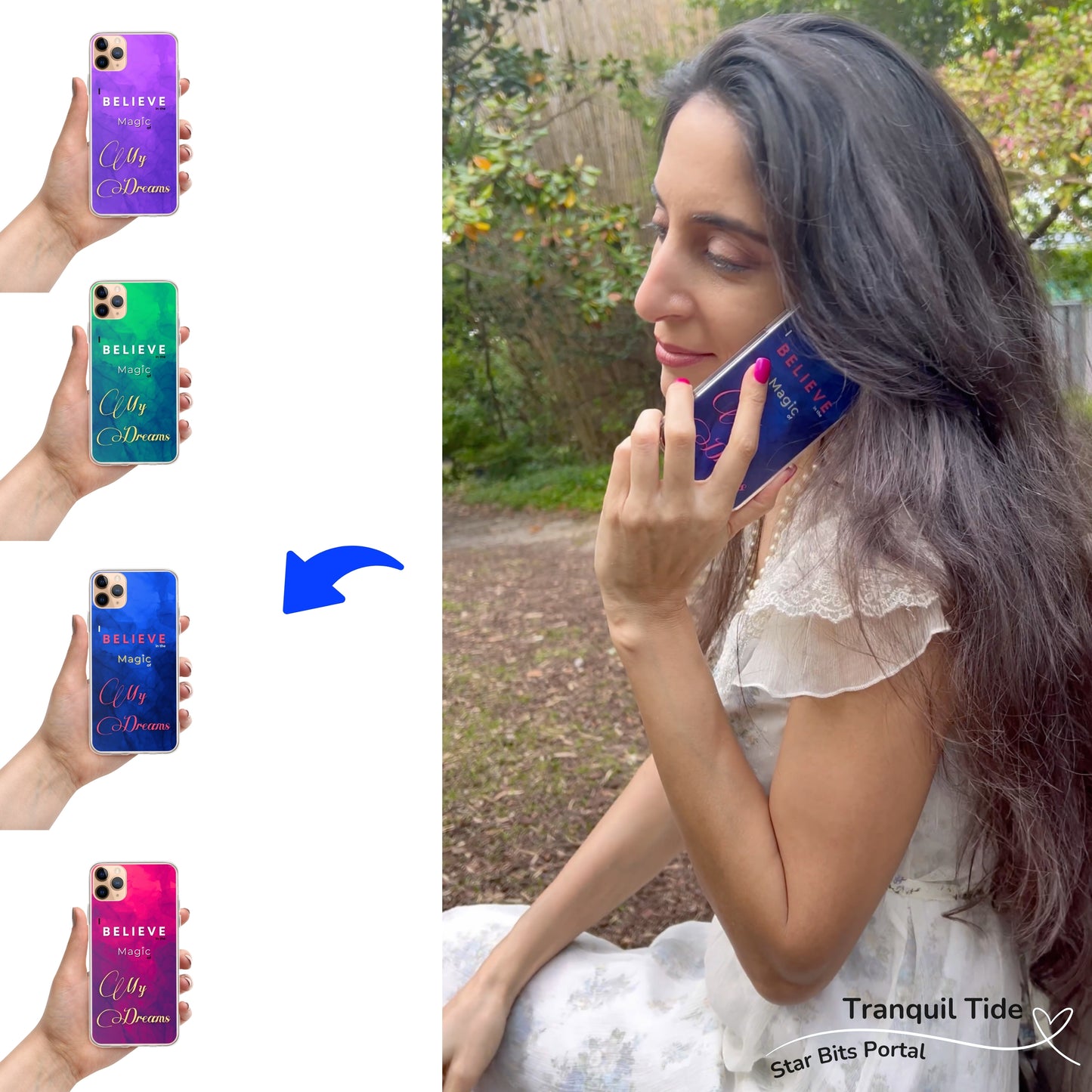 Beautiful female holding a phone case with inspiring text design, sitting outdoors in nature talking to her loved one.
