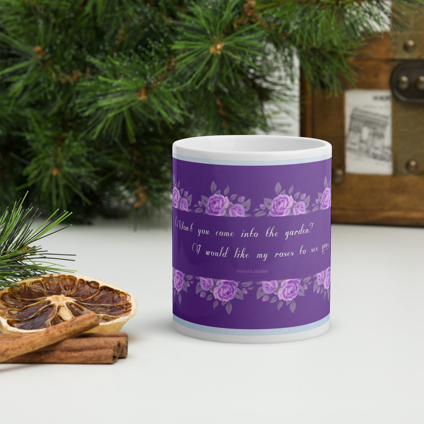 GlossyWhiteCeramicMug_11oz_PinkFloralBand_RomanticQuote_FrenchCountry_StyleC
