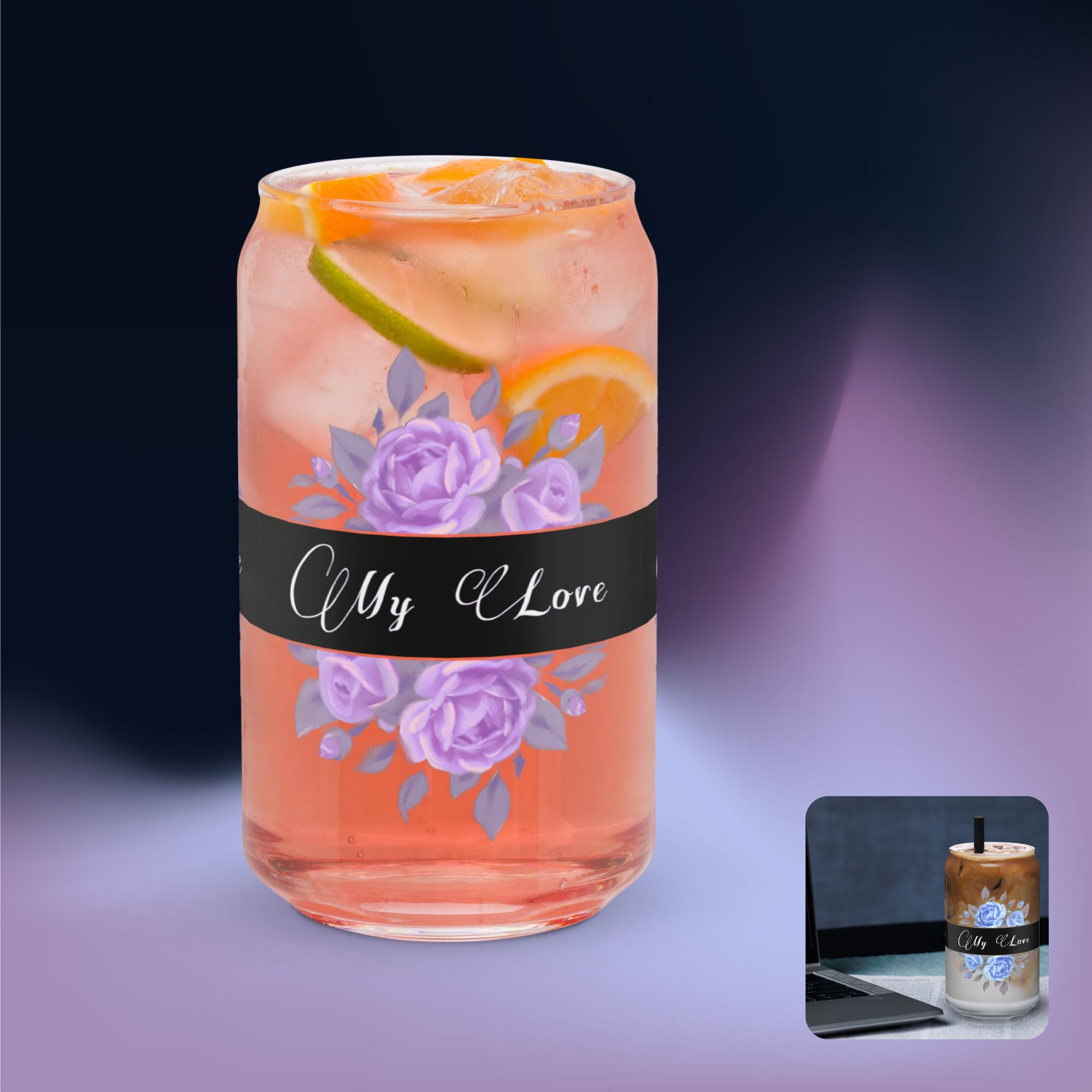 CanShapedGlass_16oz_Pink_Blue_FloralGardenBlackBand_MyLove_FrenchCountry_StarBitsPortal